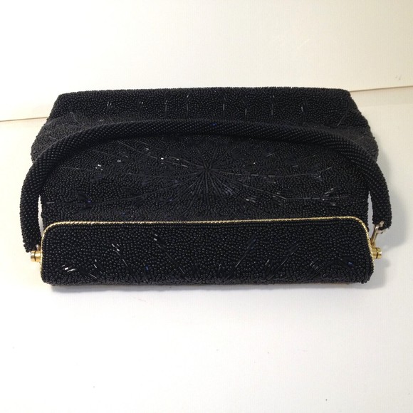 Vintage Black Beautifully Beaded Evening Handbag Gold Trim - Picture 4 of 12